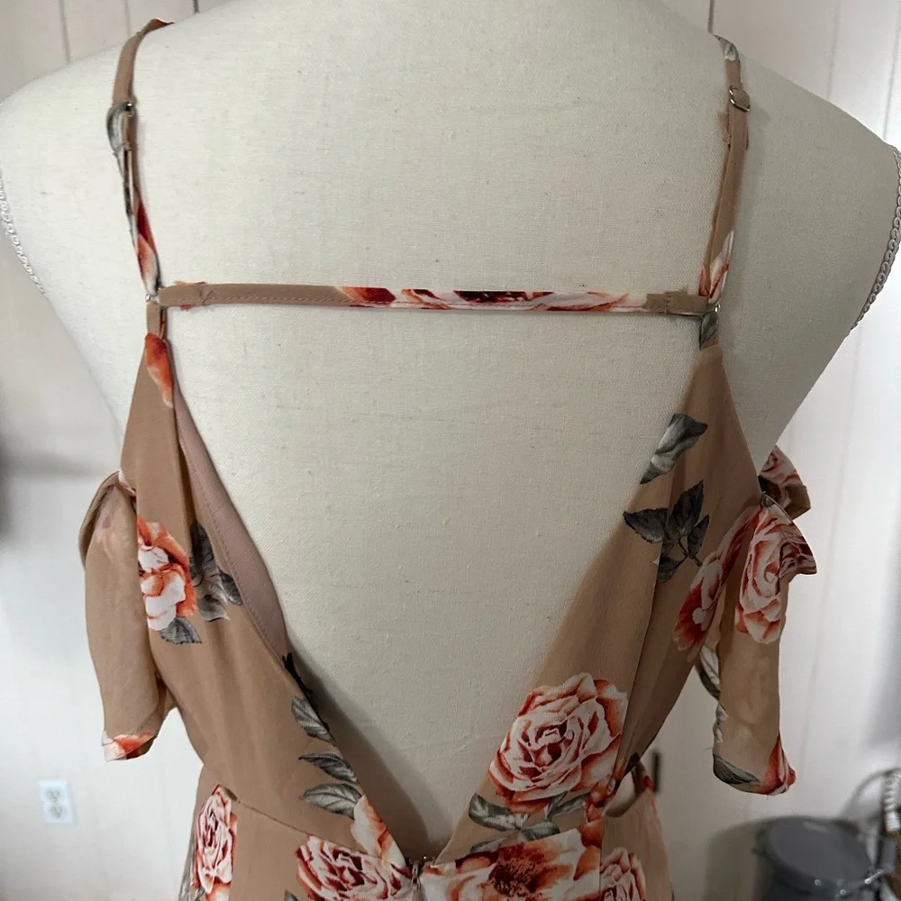 Forever 21 Floral Nude Maxi Neutral Slit Dress Long Cut Out Ruffle Off Shoulder - Picture 5 of 9